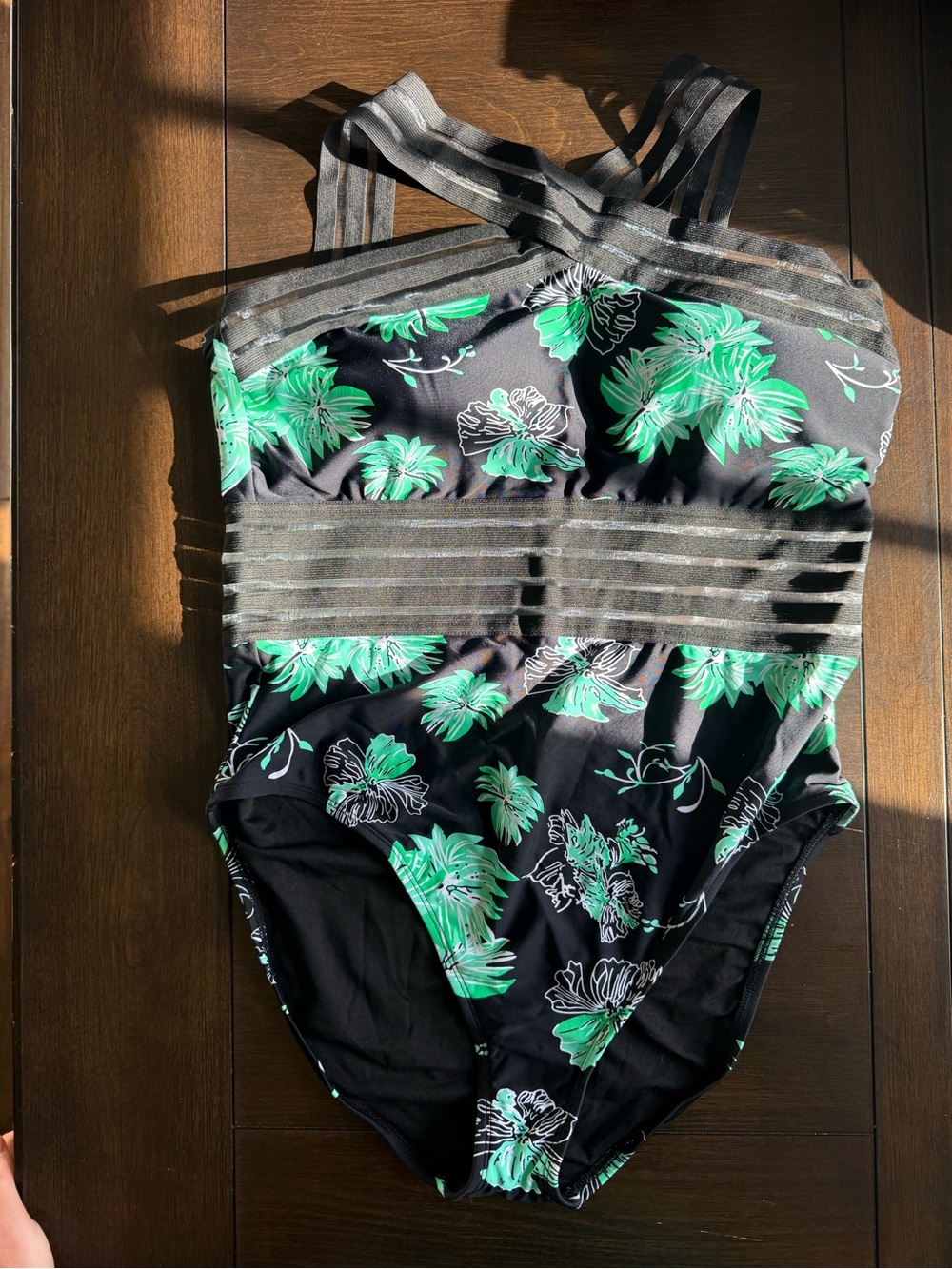 Black One-Piece Swimsuit with Green Floral Print